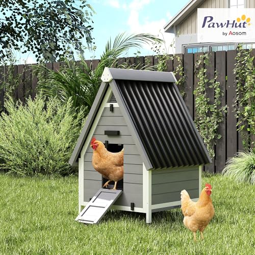 PawHut Chicken Coop for 2 Hens, Outdoor Wooden Chicken House with Removable Nesting Box & Roosting Bar, Tray, Ramp, Poultry Cage Rabbit Hutch, 31" x 29" x 43", Grey