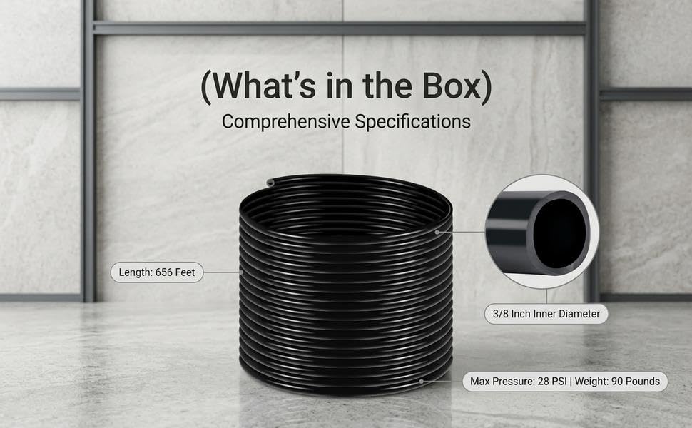 All-Weather 656ft Weighted Pond Tubing, Commercial Heavy Duty Self Sinking Pond Hose with 8 Clamps, Anti-Kink Flexible Pond Aerator Tubing for Aquaculture and Water Recirculation - size: 3/8" id - 656ft