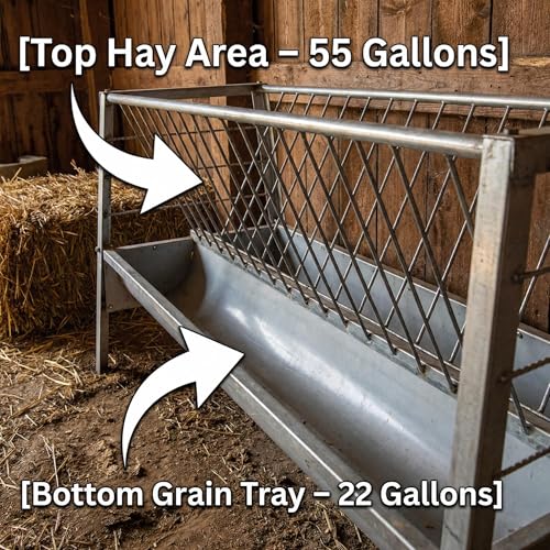 77 Gallon Farm Hay Feeder for Goats and Sheep, 5 Foot Galvanized Steel Livestock Feeding Rack with Deepened Pan, Suitable for Barn and Pasture Placement