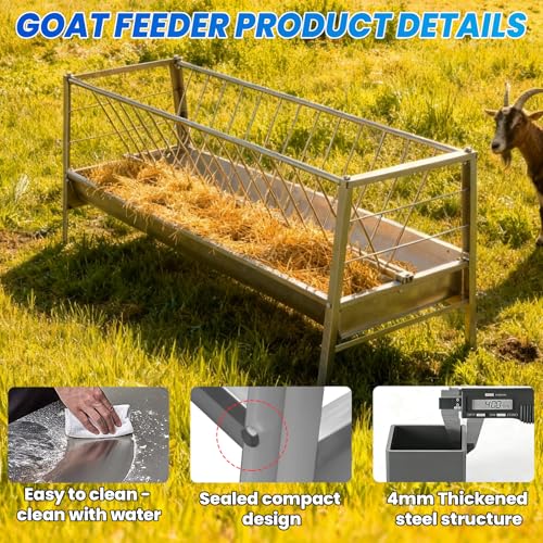 99 Gallon Goat Hay Feeder, 35.4" Height 65" Length Goat Feeder, Hay Rack Stainless Steel Hay and Grain in One, Hand-Powered Feeding Station for Goats, Sheep, Horses