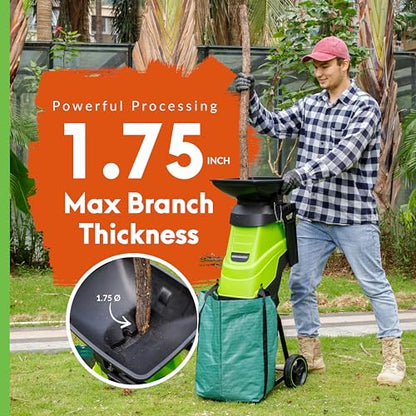 GreenSweep Electric Wood Chipper & Mulcher – 15A Powerful Garden Chipper for Branches, Sticks & Yard Waste – Compact, Quiet & Easy to Use with Collection Bag - color: Dark Green