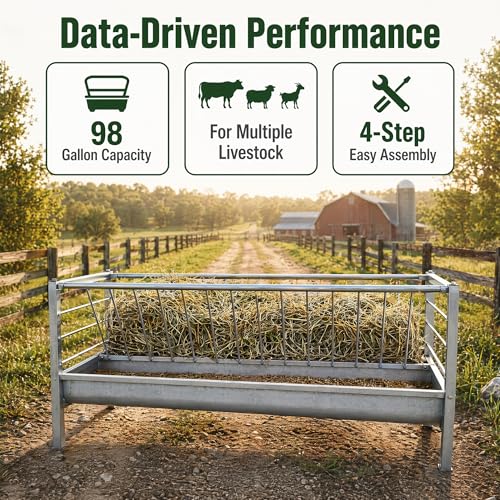 98 Gallon Heavy Duty Livestock Feeder, Hay and Grain Feeder for Goats Sheep Calves, Large Capacity Goat Trough with 25-Goat Capacity Feeder