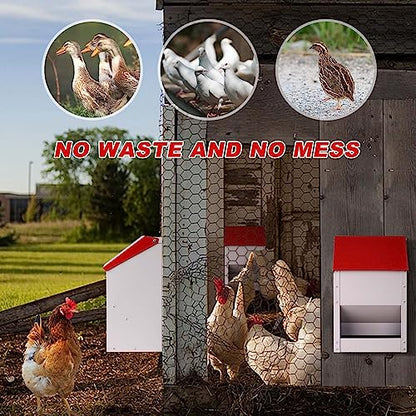 Automatic Metal Chicken Feeder Galvanized Poultry Feeder with Lid Outdoor Wall Mount Chicken Food Dispenser Gravity Fed Chicken Feeder Weatherproof No Waste Quail Duck Feeder (10LBS)