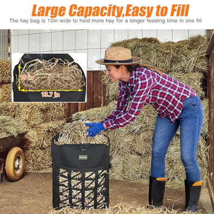 Ultra-Slow Feed Hay Bags for Horses,Two-Sided Premium Oxford Hay Bags with Large Opening,Top with Hook-and-Loop Closure,Adjustable Dual-Purpose Strap for Easy Hanging (Black, Large 2 Pack) - size: Large 2 Pack
