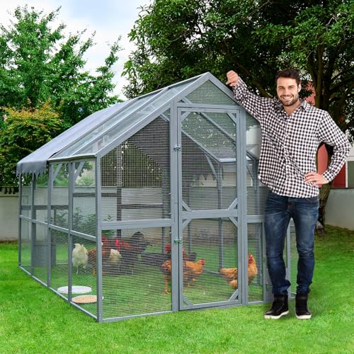 KEIKI 110" L Outdoor Large Chicken Coop with Waterproof Cover, Wire Mesh & 2 Lift Small Doors with Locks, Wood Chicken Coop House with Run for Cat Kitten Playpen, Duck, Rabbit, Quail - color: Grey, size: Large without Roosting Platform