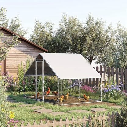 9.8ft Long × 6.6ft Wide × 6.6ft High Galvanized Steel Chicken Run with Walk-in Clearance Lockable Door UV-Resistant Cover Silver