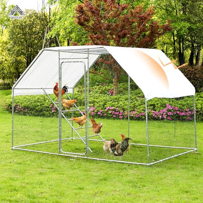 Metal Chicken Coop, 9.8 x 6.6 x6.6 Walk-in Chicken Run for 10 Chicken with Upgrade Roosting Perch, Water-Resident and Anti-UV Cover, Sturdy Flat Roof Chicken House for Outdoor Farm Use - color: Flat Roof