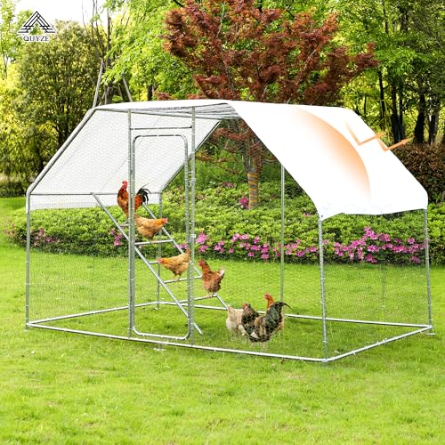 Metal Chicken Coop, 9.8 x 6.6 x6.6 Walk-in Chicken Run for 10 Chicken with Upgrade Roosting Perch, Water-Resident and Anti-UV Cover, Sturdy Flat Roof Chicken House for Outdoor Farm Use - color: Flat Roof