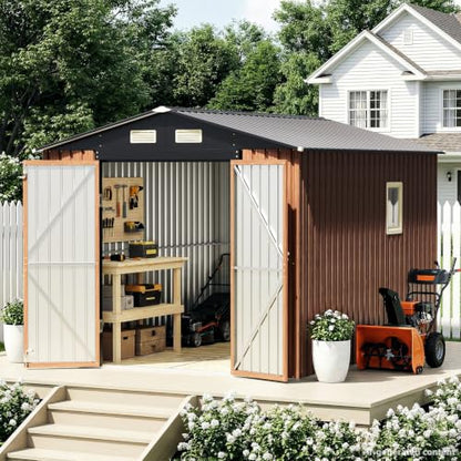 8x10 FT Outdoor Storage Shed, Metal Garden Shed with Floor Base & Updated Frame Structure, Lockable Door and Window, Large Tool Shed for Backyard, Patio, Lawn, Utility & Bike Storage - size: 8x10 FT with Base