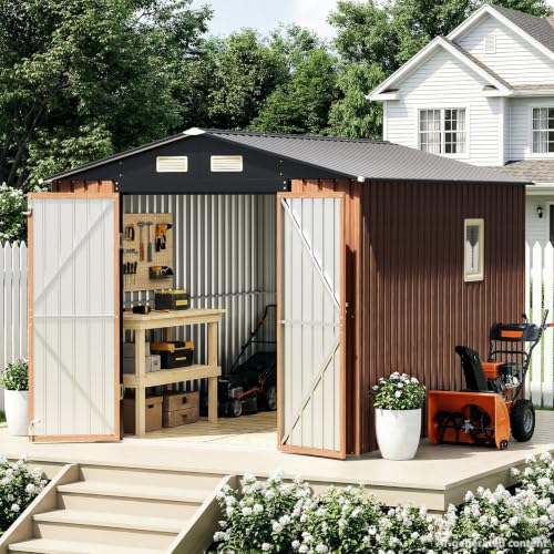 8x10 FT Outdoor Storage Shed, Metal Garden Shed with Floor Base & Updated Frame Structure, Lockable Door and Window, Large Tool Shed for Backyard, Patio, Lawn, Utility & Bike Storage - size: 8x10 FT with Base