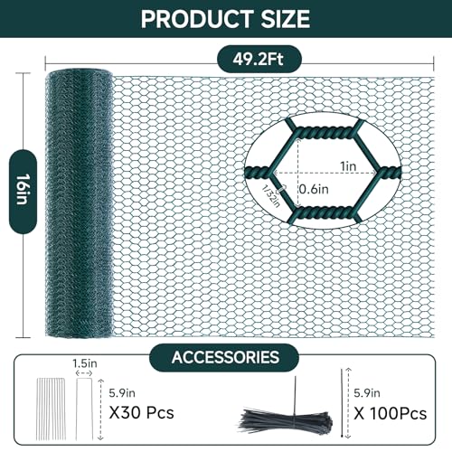 16In x 49.2Ft Plant Protectors from Animals, Wire Plant Cages for Outdoor Plants Chicken Wire Garden Protection from Animals Plant Fence Protectors to Keep Animals Out with Ground Stakes & Nylon Ties