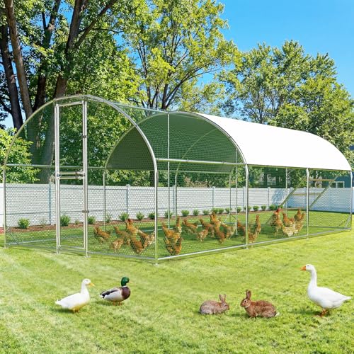 Large Chicken Coop 20x10x6.6FT, Metal Chicken Run for Yard with Feeding Door,Rabbit Duck House,Round Top Walk-in Chicken Pen,Outdoor Poultry Cage with Anti-UV Cover - color: Oval Shape, size: 20x10 FT(w roosting ladder)