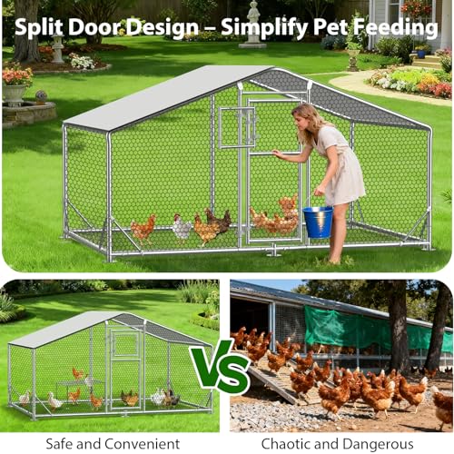 10x6.5x6.5 FT Metal Chicken Coop, Functional Split Door Chicken Coop Run with Cover & Hardware Cloth,Heavy Duty Chicken Pen with Aluminum Frame, Easy Setup Animal Run for Hen, Duck, Goat - size: 118.0"L x 79.0"W x 77.0"H
