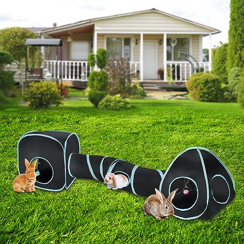 YUEPET Rabbit Tunnel and Cube Collapsible Tent Bunny Interactive Crinkle Tunnel Toys Small Animal Hideout with Play Ball for Dwarf Rabbit Bunny Guinea Pig (Blue Black) - color: Black Blue