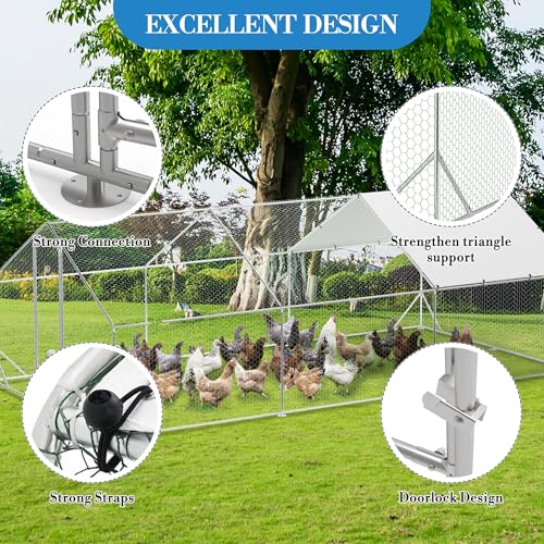 Large Metal Chicken Coop, 19.7'L x 9.8'W x 6.6'H Walk-in Poultry Cage, Chicken Run Pen House with Waterproof & Anti-Ultraviolet Cover Chicken Coop Run for Outdoor Backyard Farm - size: 118.1"L x 236.2"W x 78.7"H