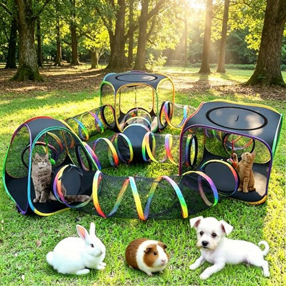 CypherX Outdoor Rainbow Cat Enclosure, 7 in 1 Portable Cat Tents for Outside Cage Free Outside Pop up Pet Enclosure Cat Tunnel Outdoor Playground for Indoor Cats and Small Animals - size: 7 in1 Maze(9.8"W)