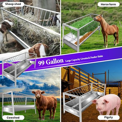 99 Gallon Pasture Hay Feeder, 2 in 1 Galvanised Steel Goat Hay Feeder with Deeper Feeding Pan for Goat Sheep Horse, Detachable Livestock Feeder Ease of Assembly in Farm Outdoor, Silver
