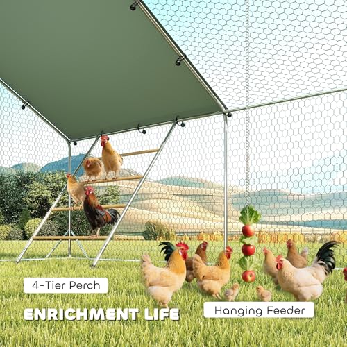 PawHut Large Metal Chicken Coop, Walk in Chicken Run with Waterproof & Anti-UV Cover, Feeding Door, Hanging Feeder, Perch, Outdoor Duck Cage Rabbit Hutch Pen, for 24-30 Poultries, 9.8' x 26.2' x 6.4' - size: 315.0"L x 118.1"W x 76.8"H