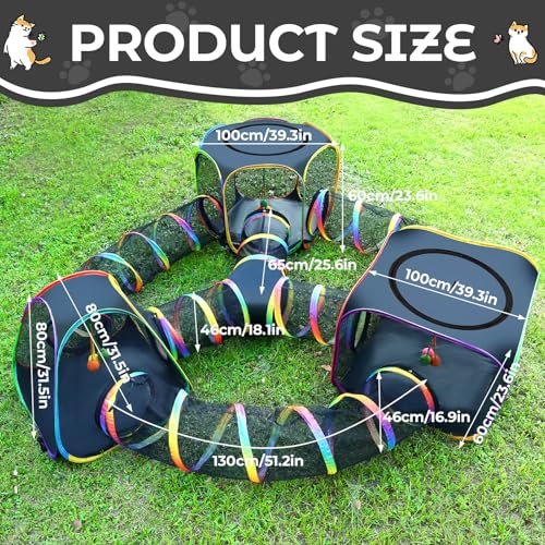 CypherX Outdoor Rainbow Cat Enclosure, 7-in-1 Portable Pop Up Cat Tents and Tunnels for Outside, Outdoor Catio Mesh Pet Playpen House, Large Playground for Large Cats and Other Animals - size: 7 in 1 Kingdom(18"W)