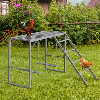 Sunexinlo Chicken Perch with Swing Set, Roosting Bars for Chickens in Coop for Pet Chickens' Health and Happiness, Metal Chicken Toys Accessories for Backyard Farms, Gray