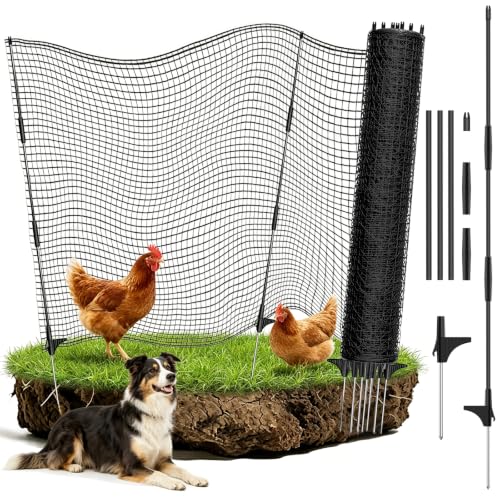 Temporary Fence for Backyard, RIFNY 4 x 25 FT Temporary Fencing with Fiberglass Posts Ground Stakes L-Shaped Staples for Outdoor to Protect Plants Fruit Trees from Dogs Chicken Deer Animals - size: 4x25 FT