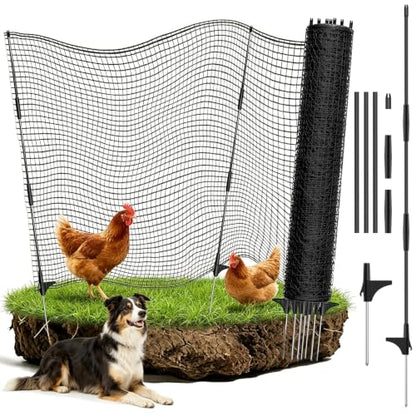 Temporary Fence for Backyard, RIFNY 4 x 100 FT Temporary Fencing with Fiberglass Posts Ground Stakes L-Shaped Staples for Outdoor to Protect Plants Fruit Trees from Dogs Chicken Deer Animals - size: 4x100 FT