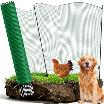 Temporary Fence with Posts, 4‘x82‘ Animal Barrier Dog Portable Fencing with Fiberglass Stake Windbreak Rope, Safety Snow Plastic Netting Roll for Garden Backyard Outdoor for Chickens or Other Animals - size: 4x82FT
