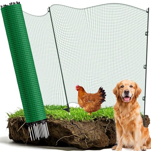 Temporary Fence with Posts, 4‘x82‘ Animal Barrier Dog Portable Fencing with Fiberglass Stake Windbreak Rope, Safety Snow Plastic Netting Roll for Garden Backyard Outdoor for Chickens or Other Animals - size: 4x82FT