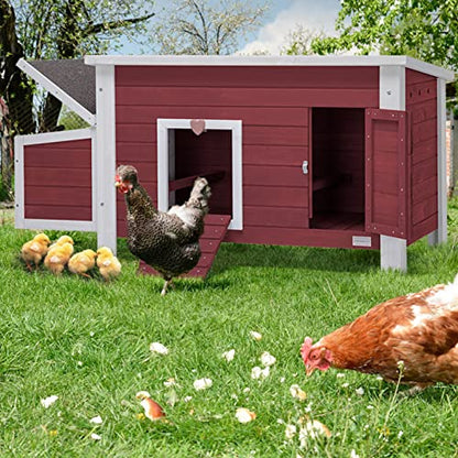 Petsfit Large Chicken Coop with Upgraded Perches, Wooden Outdoor Chicken Cage with Large Nesting Box, Weatherproof Open Asphalt Roof, and Removable Bottom for Easy Cleaning - color: Red