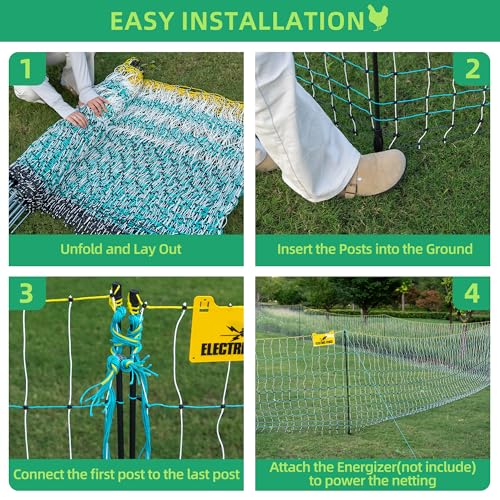 Poultry Netting Electric Fence, Portable Livestock Nets Mesh for Chickens, Ducks, Geese, Turkey, Electric Fencing for Backyards, Homesteaders, Farms, Ranches (Bright Blue, 41.5" H x 164' L Poultry)