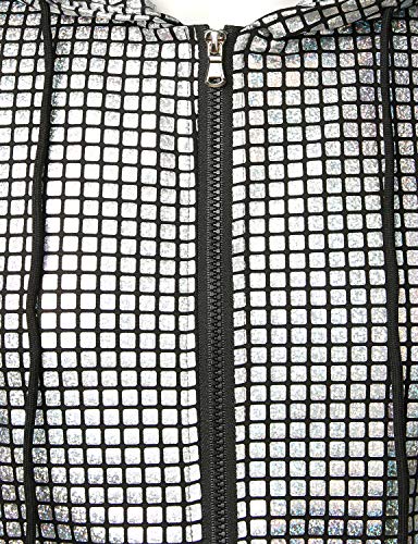 ZEROYAA Mens Shiny Metallic Zip Up Sleeveless Hooded Vest T Shirt with Kangaroo Pocket - color: Silver Sequin, size: Medium