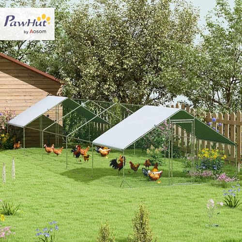 PawHut Large Chicken Coop Metal Chicken Run with Waterproof and Anti-UV Cover, Spire Shaped Walk in Fence Cage Hen House for Outdoor and Yard Farm Use, 1" Tube Diameter, 9.8' x 32.8' x 6.4' - size: 393.7"L x 118.1"W x 76.8"H