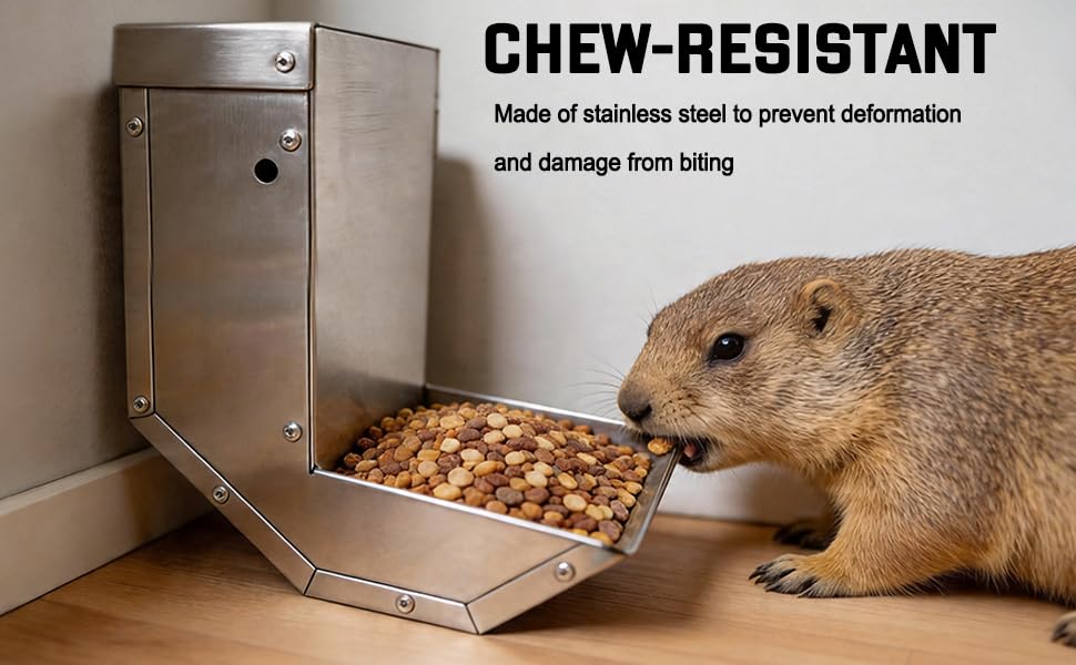 Rabbit Feeder - Small Animal Stainless Steel Gravity Feeding Trough with Lid, Outdoor Durable Cage Feeder Holds Several Days' Food (4 Inch/1.5Lbs) - size: 1 pc