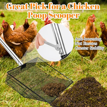 15 Inch Extra Large Chicken Poop Scooper, 37" to 76" Long Stainless Steel Chicken Litter Scoop with Handle and Gloves, Sifting Shovel Pooper Rake Waste Cleaning Tool for Chicken Coop Goat Stall Stable