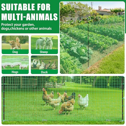 Temporary Fence with Metal Posts, 3' x 50' Garden Fence Animal Barrier for Backyard, Plastic Mesh Fencing with Windbreak Rope and Ground Stakes, Temporary Dog Fence for Outdoor Yard Animal Protect