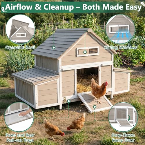 Large Chicken Coop for 4 - 6 Chickens with 6 Nesting Boxes, Wooden Outdoor Hen House with Pull-Out Tray, Backyard Chicken Coop with Weatherproof Openable Roof, 3 Perches, Expandable Run(61"L x 33.5"W) - size: 61.0"L x 33.5"W x 40.2"H