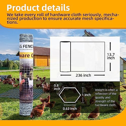 Chicken Wire Mesh 13.7in x 236in Hexagonal Poultry Wire Netting | Galvanized Hardware Cloth, Garden Fence Barrier Mesh, for Pet Rabbit Garden Chicken Wire Fencing - size: 13.7" x 236" 1inch