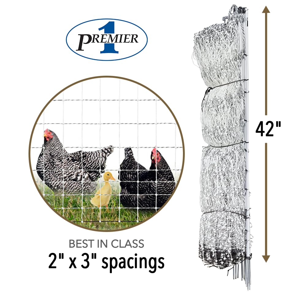 Premier 1 PoultryNet® 42"H x 164'L Portable Electric Fence with Built-in Posts | White/Black Fence for Chickens, Ducks, Geese