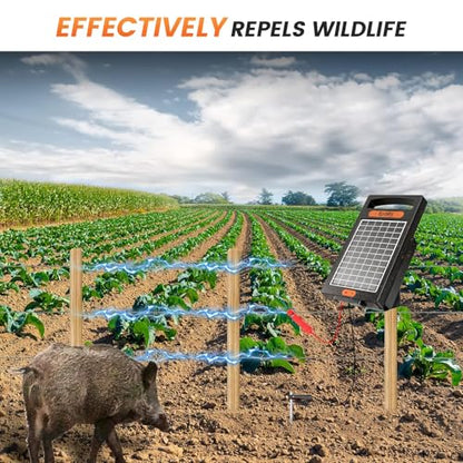 24 Hour Solar Electric Fence Charger, 10 Miles, Up to 10200v Output Range Electric Fence Charger, 0.18J Portable Energizer with Solar Panel for Livestock & Predator Protection - color: Black