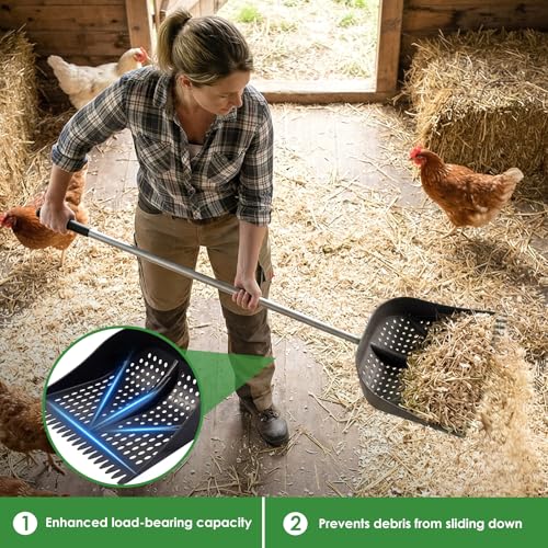 Heavy-Duty Yet Lightweight Chicken Poop Scooper & Rake 2-in-1, Adjustable Handle Length from 38" to 66", Features Manure Sifting Capability – Ideal for Chicken Coops and Farm Animal Cleaning (Black) - color: Black