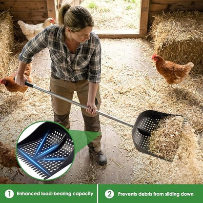 Heavy-Duty Yet Lightweight Chicken Poop Scooper & Rake 2-in-1, Adjustable Handle Length from 38" to 66", Features Manure Sifting Capability – Ideal for Chicken Coops and Farm Animal Cleaning (Black) - color: Black