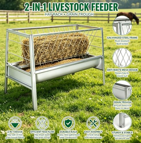 59"×33.5"×19.7" 77 Gallon Dual Zone Pasture Feeder, Galvanized Steel Hay & Concentrate Feeder, Anti-Tread Grid & Leak-Proof Trough, for Goats, Sheep, Cattle in Small & Large Farms