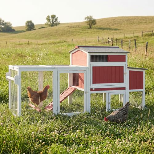 78" Wooden Chicken Coop with Nesting Box, Poultry Cage with Wheel Leak Proof Pull-on Tray and Asphalt Waterproof Roof, Hen House for Garden Backyard Farm - color: Red, size: 25.6"L x 39.4"W x 77.4"H