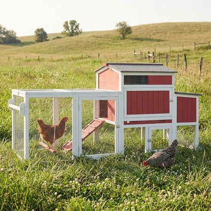 78" Wooden Chicken Coop with Nesting Box, Poultry Cage with Wheel Leak Proof Pull-on Tray and Asphalt Waterproof Roof, Hen House for Garden Backyard Farm - color: Red, size: 25.6"L x 39.4"W x 77.4"H