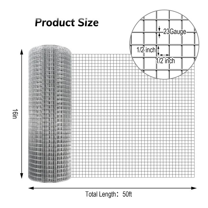 Cieex Hardware Cloth, 1/2inch 23Ga 16in x 50ft Chicken Wire Fencing, Galvanized Welded Chicken Wire Mesh for Chicken Coop Poultry Netting Garden, Predator Proof Chicken Wire Fence Roll