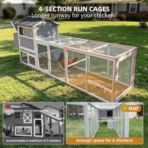 Wooden Chicken Coop with Run 112.6" Large Poultry Cage with Hardware Cloth | Chicken House for 2-6 Chickens with 2 Nesting Boxes, Pull-out Tray, Sun Roof Weather Resistant Roof