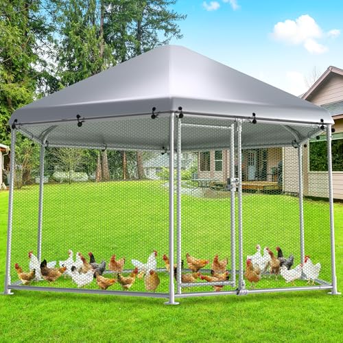 Large Metal Chicken Coop, Chicken Runs for Yard with Cover Walk-in Poultry Cage for 10 20 Chickens,Chicken Pen Duck Coop with Water-Resident Top and Feeding Door, Hexagon Hen House 13.2Lx11.4Wx8.6H FT - size: 13.2'L x 11.4'W x 8.6'H