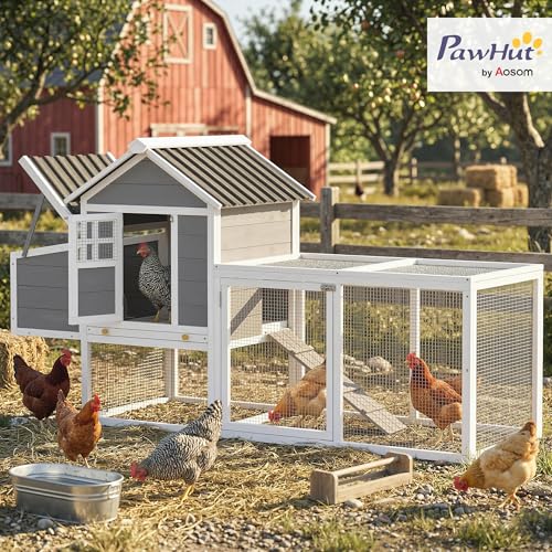 PawHut 82" Wooden Chicken Coop, Large Outdoor Hen House Poultry Hutch for 2-3 Hens, Chicken House with Nesting Box, Pull-on Tray, Waterproof Roof, Ramp and Roosting Bars for Backyard, Gray