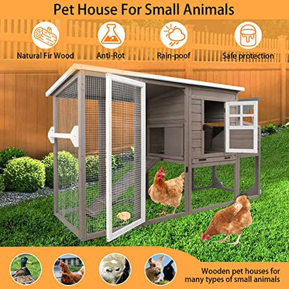 PetsCosset 75" Wooden Chicken Coop with Run and Wheels for 1–4 Chickens, Backyard Hen House with Nesting Box, Removable Tray, Ramp & Weather-Resistant Roof, Grey - color: Chicken Coop large-Grey, size: 75.0"L x 26.0"W x 39.0"H
