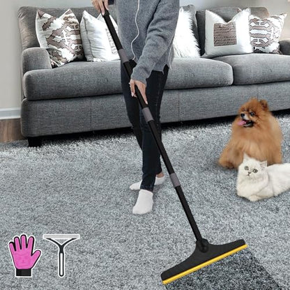B-Land Carpet Rake for Pet Hair Removal, Reusable Pet Hair Remover with 60” Adjustable Long Handle, Carpet Scraper Dog Cat Hair Remover Tool for Rugs, Mats, Couch, Furniture-Black Pole - color: Black&grey